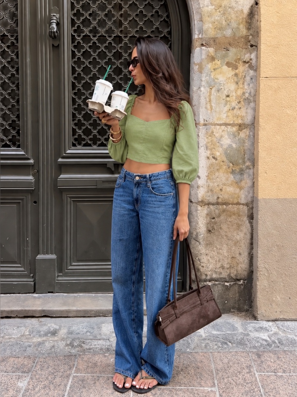 Babaton Hadwyn Green Linen Blend Sweetheart Puff Sleeve Crop Top NWT